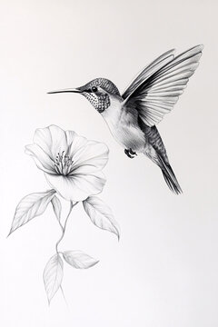 Pencil drawing of a hummingbird and a flower in soft, elegant details.