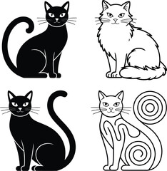 Four stylized cats in black and white with different tail designs shown
