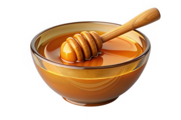 3d honey bowl with wooden dipper, transparent background