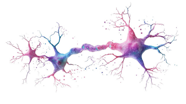 Colorful neurons are connecting and transmitting signals in nervous system, showcasing the complex communication network within the brain on a transparent background