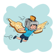 Boy Soaring with Toaster Helmet and Bread Wings.