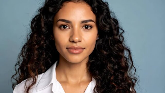 Portrait of a beautiful curly-haired woman in a white shirt, facing forward against a light blue background in a studio environment.