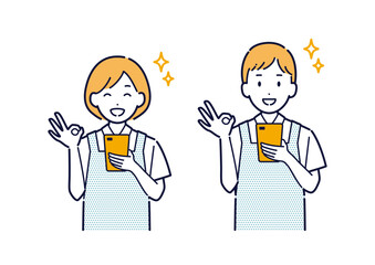 スマホを持ってOKサインをするエプロンを着た男女のイラスト