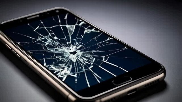Broken screen on smartphone displaying damage, repairs, mobile technology, and accidental damage with dramatic cracks on device.