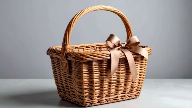 Woven wicker basket with handle and decorative satin ribbon on grey background, empty container, gift basket, storage solution, farmhouse style, neutral tone