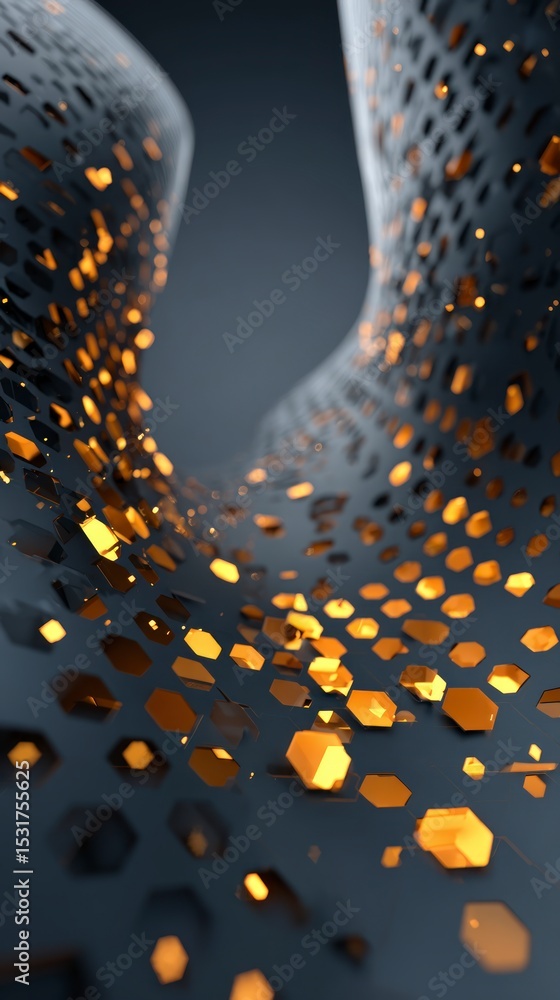 Poster abstract hexagon pattern dark gray golden lights modern architecture 3d render