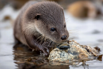 California coast showcases baby otter crack open mussels.