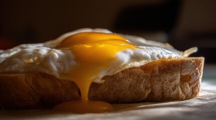 A breakfast tableau of golden-brown fried eggs nestled on a toastedbread.