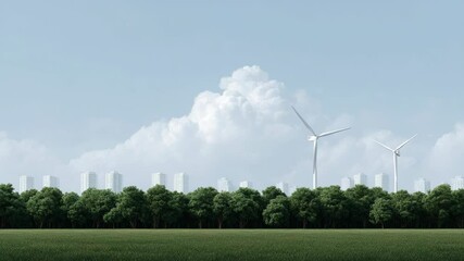Serene landscape of wind turbines amidst lush greenery under bright sky, highlighting harmony of renewable energy and nature with clouds above. - Powered by Adobe