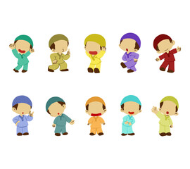 A cute illustration set featuring faceless and adorable Muslim boys in various poses, wearing traditional attire. Ideal for Islamic educational content, festive designs, children books, and cultural