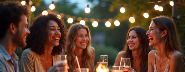 Group of friends sitting around a table, evening, smiling and drinking together on a summer evening.