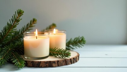 Scented candles, evergreen sprigs, white wood table Minimalist winter scene , winter, evergreen, image