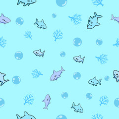 Underwater scene featuring colorful sharks and bubbles ocean depths digital art playful vibrant