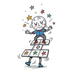 Playful Moon Character Enjoying Hopscotch with Starry Friends in a Whimsical Scene.