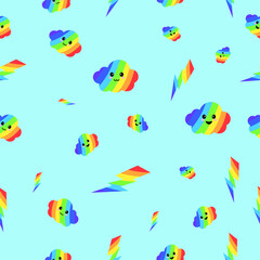 Colorful rainbow clouds floating in a light blue sky digital pattern design vibrant and playful environment