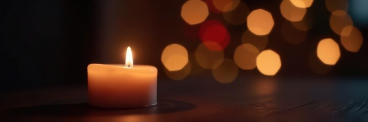 Single burning candle, blurred festive lights, black backdrop, celebration, night