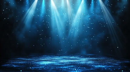 Abstract blue light stage with LED wall screen and vertical floor streaks, minimalist cinematic design of spotlighted empty room, HD sharp details, futuristic tech visual art