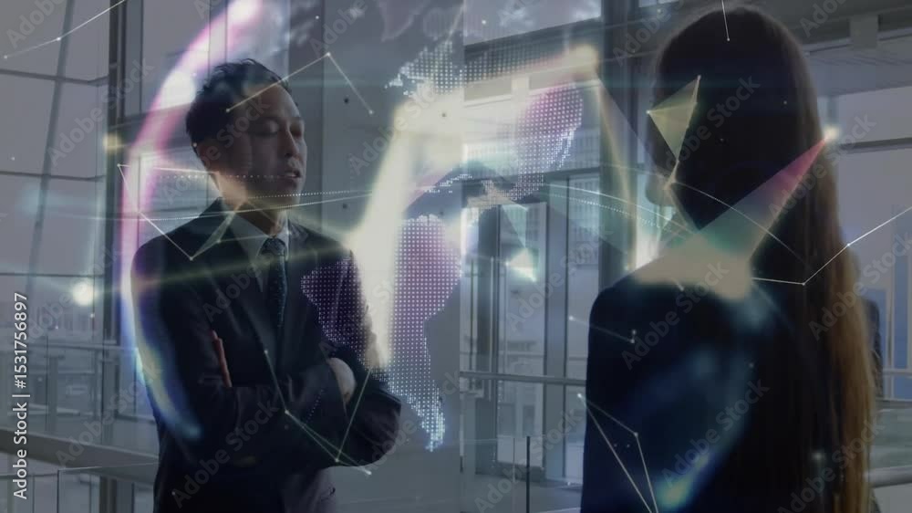 Poster tech manager speaking triggers nodes merging into hologram globe above colleague palm as peer joins