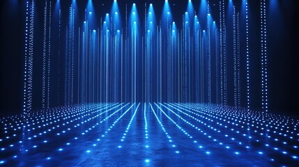 Abstract blue light stage with LED wall screen and vertical floor streaks, minimalist cinematic design of spotlighted empty room, HD sharp details, futuristic tech visual art