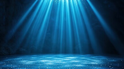 Abstract blue light stage with LED wall screen and vertical floor streaks, minimalist cinematic design of spotlighted empty room, HD sharp details, futuristic tech visual art