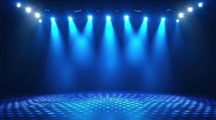 Abstract blue light stage with LED wall screen and vertical floor streaks, minimalist cinematic design of spotlighted empty room, HD sharp details, futuristic tech visual art