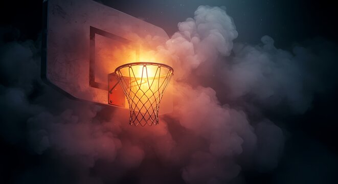 A dramatic shot of a basketball hoop engulfed in flames and smoke, conveying intensity and passion