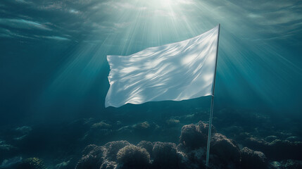 A pristine white flag waves gracefully from a pole planted on a coral-covered seafloor  - Generative AI
