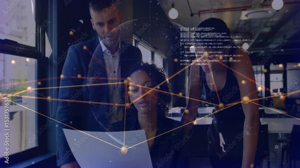 Poster seated woman scrolling report edge, team leaning in, causing network pulsing for business insight