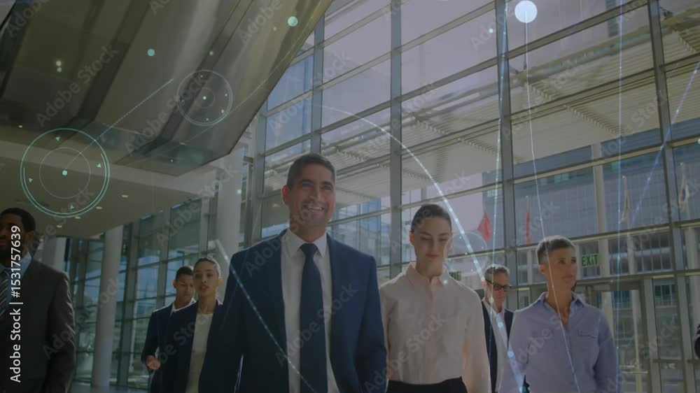 Poster corporate team entering glass atrium, data overlay appearing nodes pulsing lines tracing data flow
