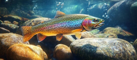 A vibrant rainbow colored fish gracefully swims over rocks in the underwater environment, A rainbow trout swimming in a clear mountain stream