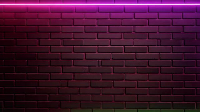 Neon rectangle frame glowing on dark brick wall, abstract backdrop with glowing border.