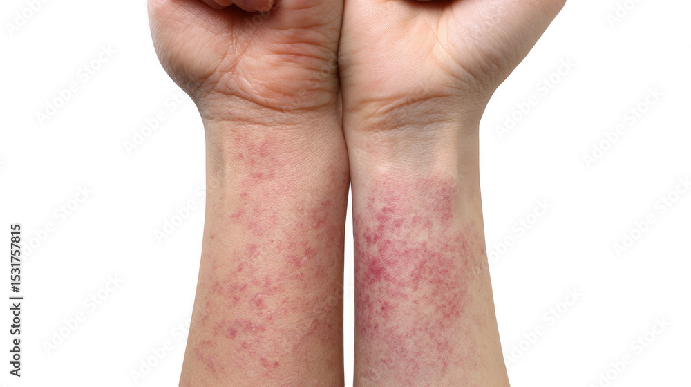 Poster close up view of forearms displaying a widespread rash, likely resulting from an allergy or other sk
