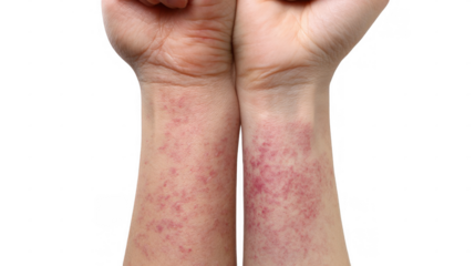 Close up view of forearms displaying a widespread rash, likely resulting from an allergy or other skin condition, set against a transparent background for clear visibility