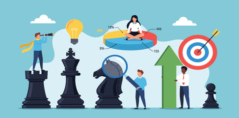 Obraz premium Strategy management, success planning or solution development, business improvement or growth analysis, intelligence insight information, business people help analyze strategy management chess