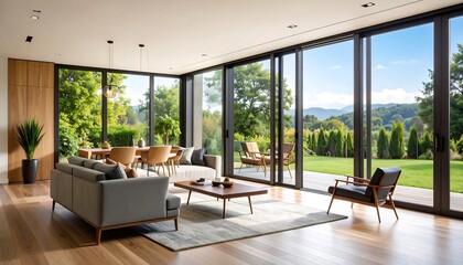 Modern Living Room with Stunning Views  Bright Interior with Nature Scenery, and Luxury Home.
