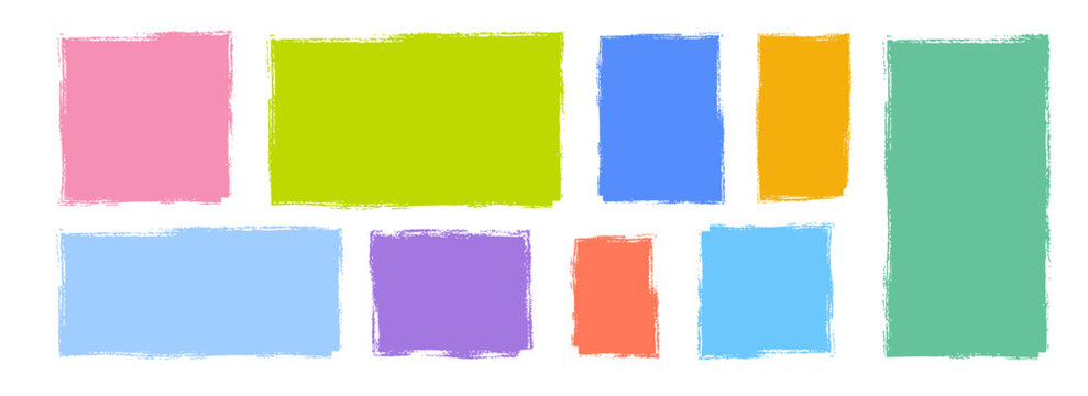 Colorful crayon text box set. Hand drawn rectangle and square sticker shape collection. Rough edge geometric patch pack. Doodled borders and frames. Vector bright painted elements for collage, banner