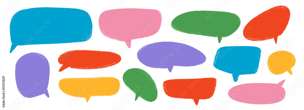 Poster Colored hand drawn speech bubble collection. Doodled marker dialog box set. Scribbled textured comic talk frames. Bright sketched chat box pack. Red, blue, green balloon text box bundle. Vector 