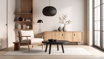 Modern minimalist living room with natural wood furniture and decor.