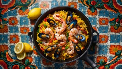 Spanish seafood paella in a black paella pan with shrimp, mussels, and lemon wedges, on a patterned tile table, overhead view