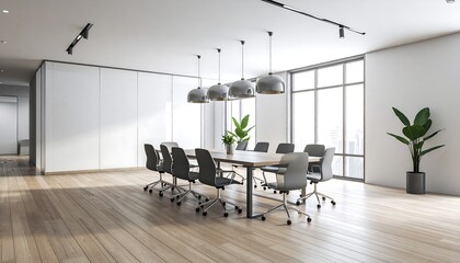 Modern office conference room with wooden floor with light and big windows.
