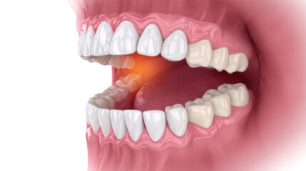 Obraz premium Realistic 3d rendering depicting a human mouth displaying teeth alongside a painful ulcer, accentuated with warm colors, set against a transparent background for clarity