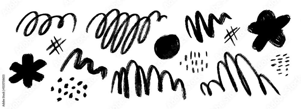 Poster black hand drawn pen scribble set. grunge crayon doodled line pack. free hand rough curly pencil scr