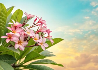 Pink Plumeria Flowers in Full Bloom Against a Soft Sunset Sky