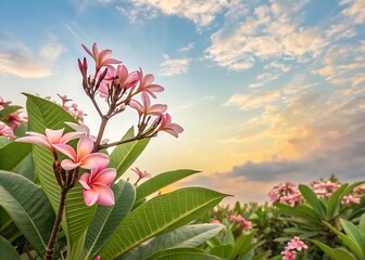 Pink Plumeria Flowers in Bloom Against a Sunset Sky