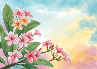 Watercolor painting of pink and yellow plumeria flowers with green leaves against a pastel sky background.