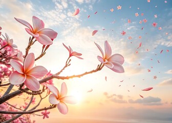 Pink plumeria flowers blossom at sunset, petals gently falling from the branches, creating a serene and tranquil atmosphere.