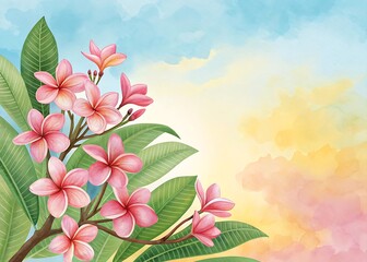 Pink Plumeria Flowers Watercolor Painting on Soft Pastel Background