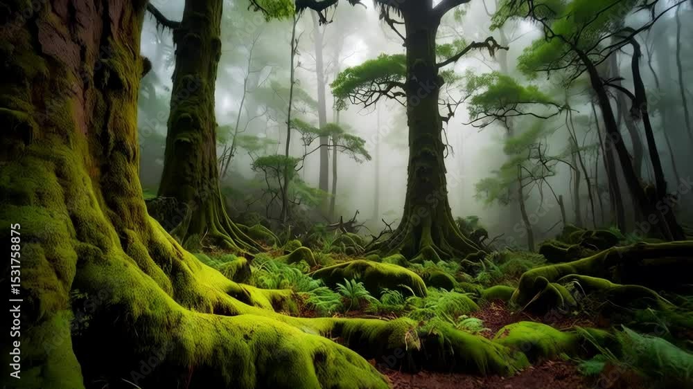 Poster ethereal forest scene with moss covered trees shrouded in fog, creating a tranquil and immersive nat