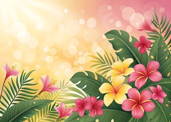 Vibrant Tropical Paradise: A lush arrangement of hibiscus, plumeria, and palm leaves bathed in warm sunlight, creating a lively and exotic scene.