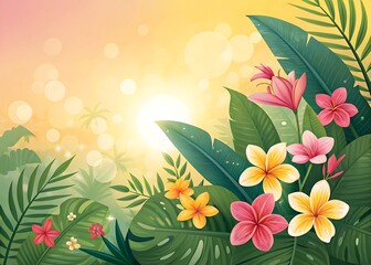 Vibrant Tropical Paradise: A Sunset Backdrop of Lush Greenery and Exotic Blossoms
